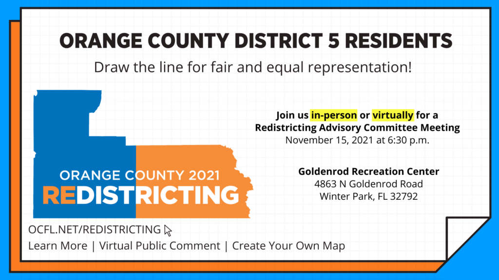 flyer for the orange county redistricting meeting including date, time, and how to join