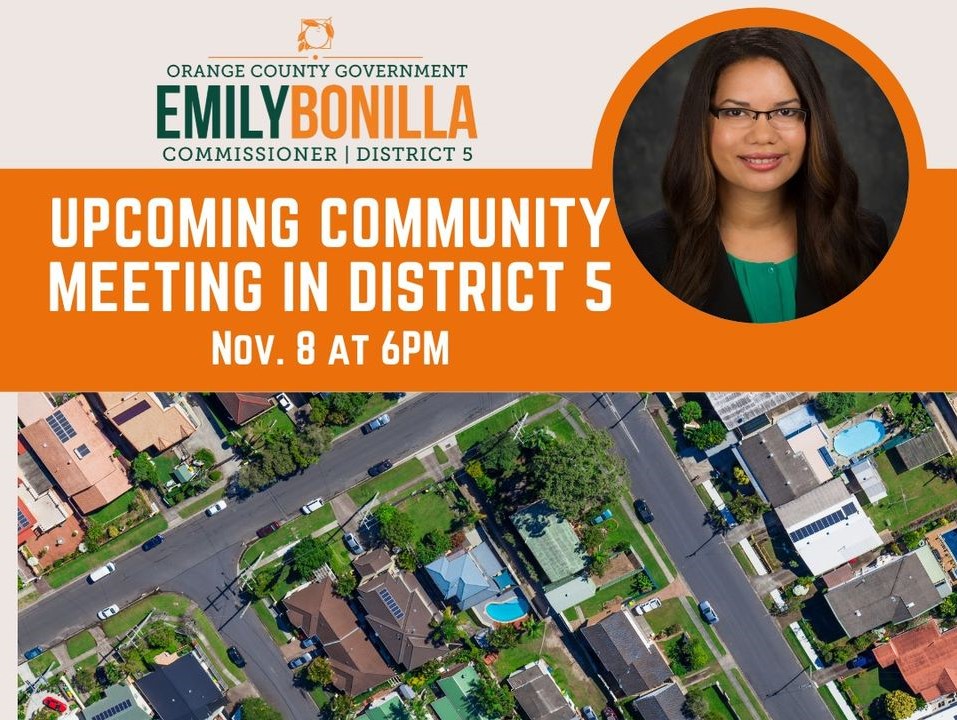 flyer showing upcoming community meeting in district 5 on nov 8 at 6pm