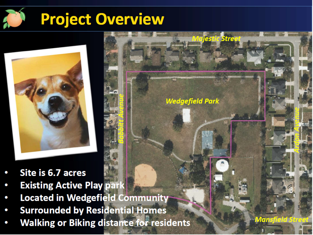 project overview, dog smiling, picture of proposed dog park in wedgefield 