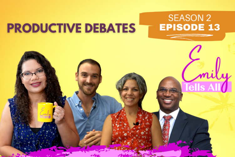 Featured image of host and guests of Emily Tells All Productive Debates episode.
