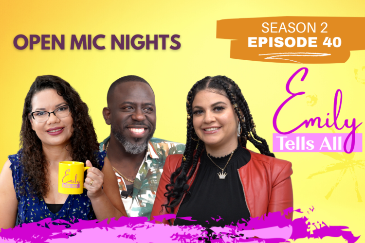 Featured image of host and guests of Emily Tells All Open Mic Night episode