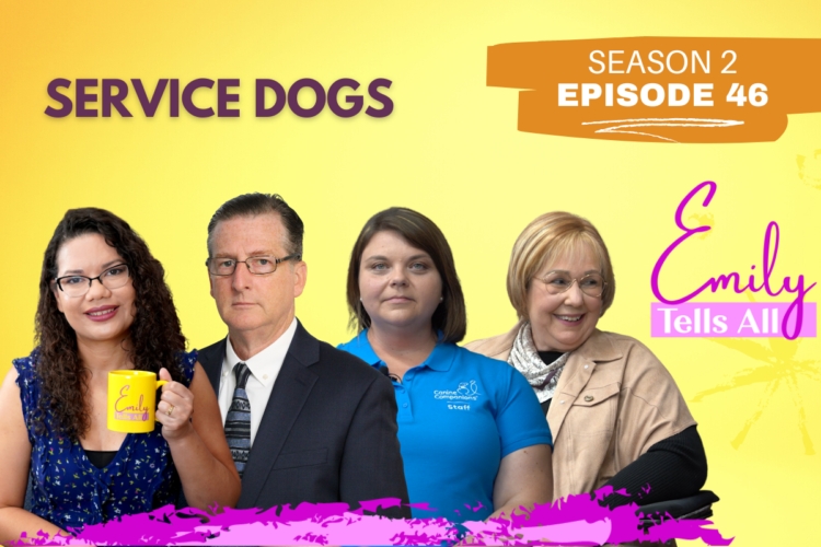 Featured image of host and guests of Emily Tells All Service Dogs episode.
