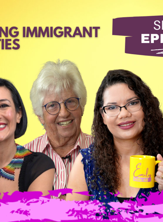 Featured image of Emily Tells All Immigrants episode host and guests.