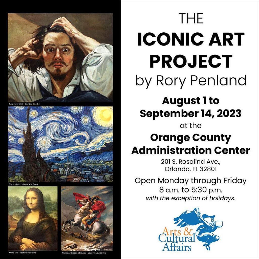 Graphic for - 
Unveiling The Iconic Art Project: A must-see exhibition in Orange County!
WHO:

Orange County Arts & Cultural Affairs

 

WHAT:

Art in the Atrium “The Iconic Art Project” (www.iconicartproject.com) 

 

WHEN:

Tuesday, August 1 through Thursday, September 14, 2023

 

WHERE:

Orange County Administration Center, 201 S. Rosalind Ave., Orlando, FL 32801

 

HOURS OF OPERATION: 
Open Monday through Friday 8:00 a.m. to 5:30 p.m. except for holidays.
 

FREE:

Art in the Atrium is free for all to enjoy!

