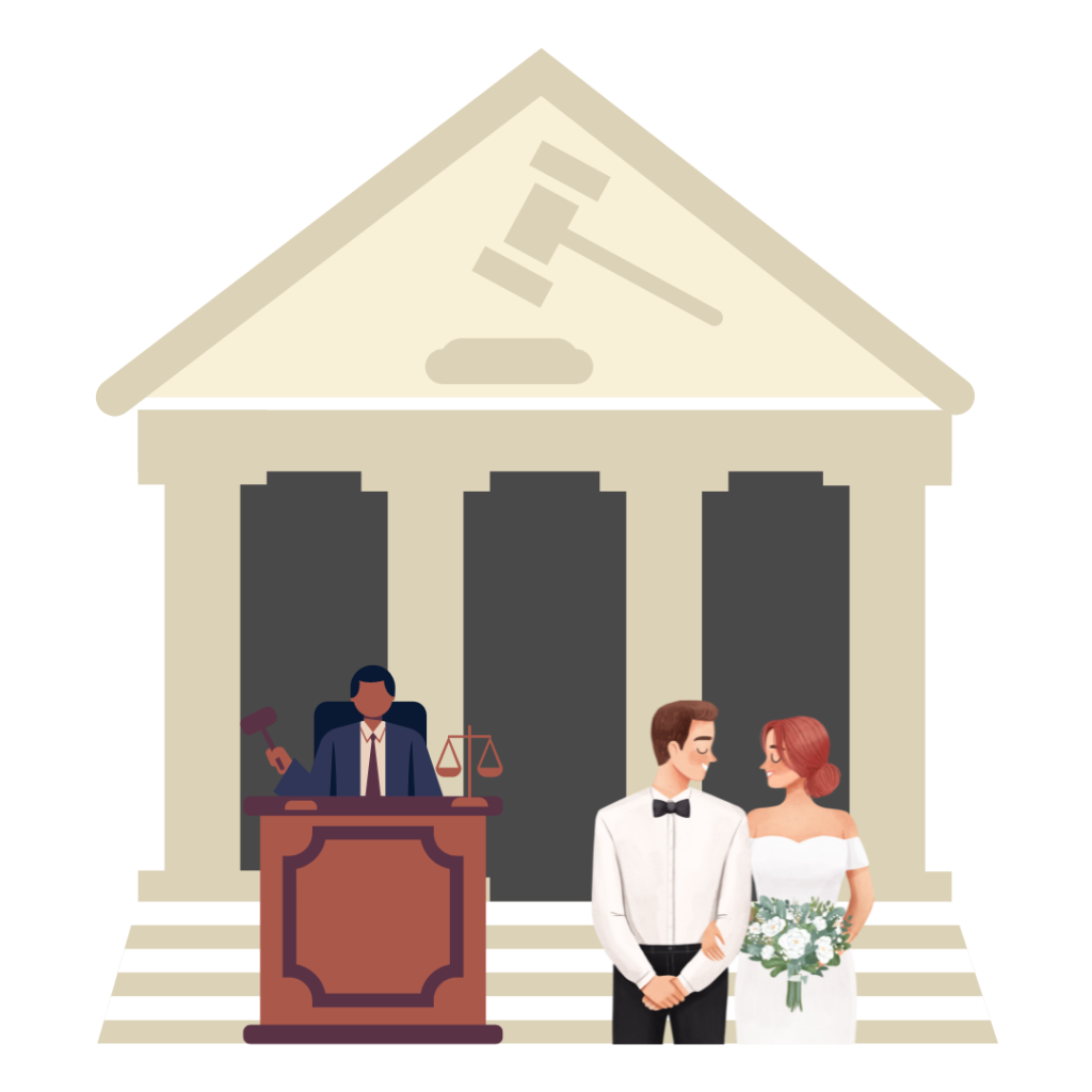 Front view of court house with Geometric Judge at court and a Wedding Couple illustration.