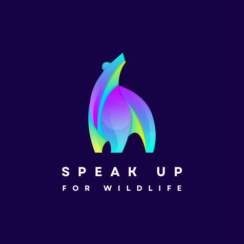 Speak Up for Wildlife Logo purple background with a colorful bear
