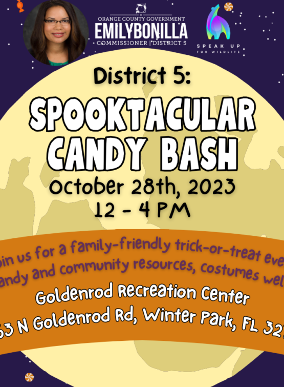 Colorful flyer for District 5 Spooktacular Candy Bash with Commissioner Emily Bonilla, black cat, moon, stars, and information of the event.
