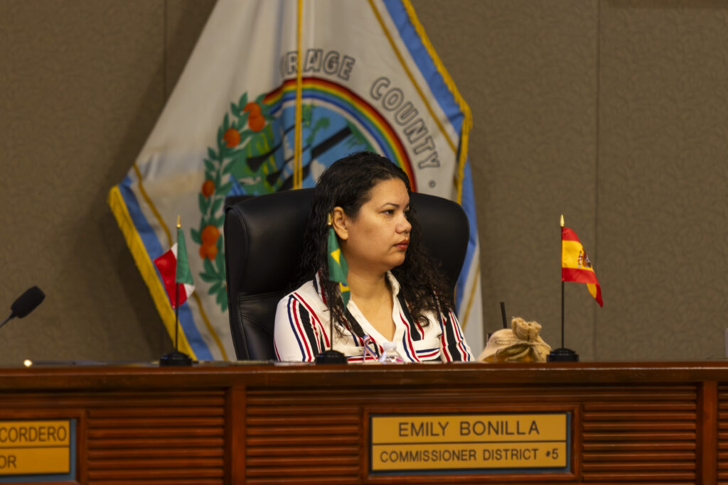 Commissioner Emily Bonilla at the Board of County Commissioners dias during the 9/12/23 meeting.