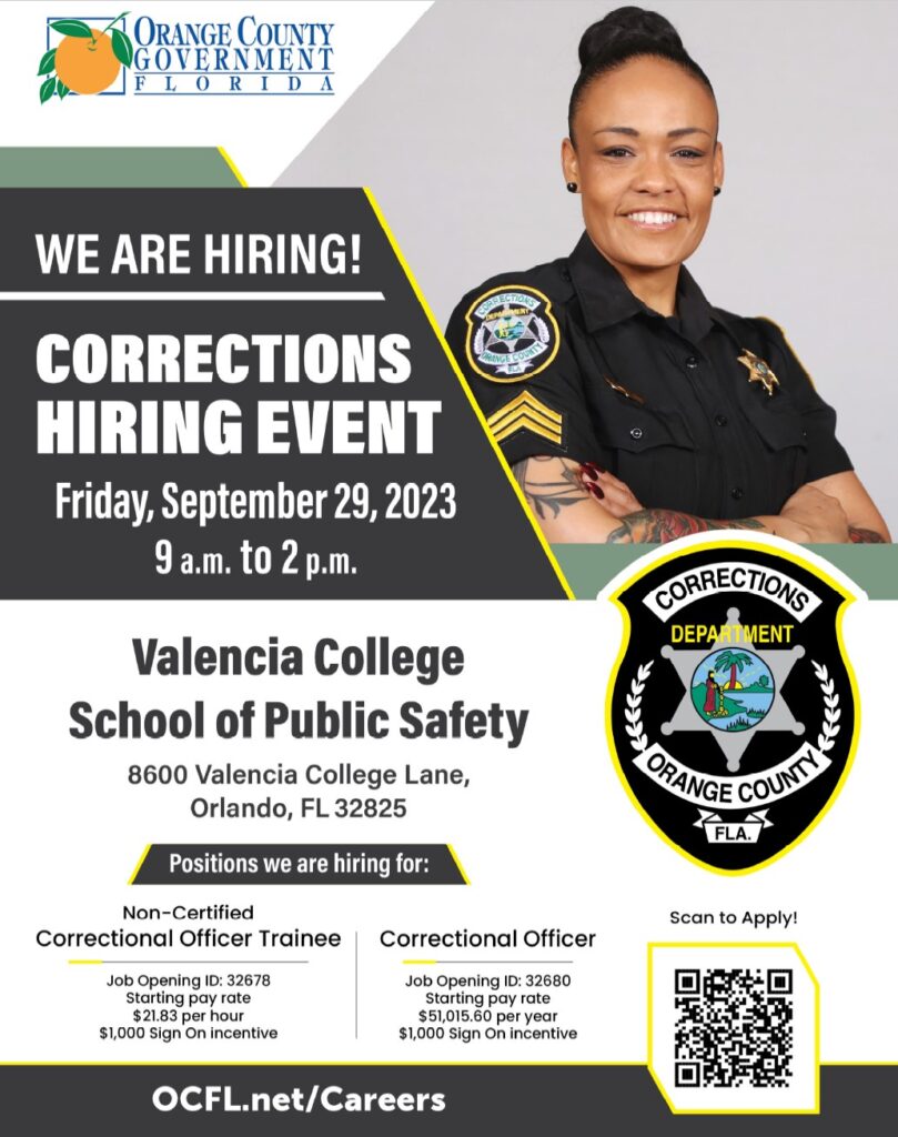 Orange County Corrections Hiring Event flyer for Sept 29, 2023, 9 am to 2pm at 8600 Valencia College Ln, Orlando, FL 32825.