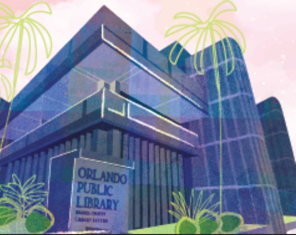 Cartoon graphic of Orange County Public Library System building in downtown Orlando.