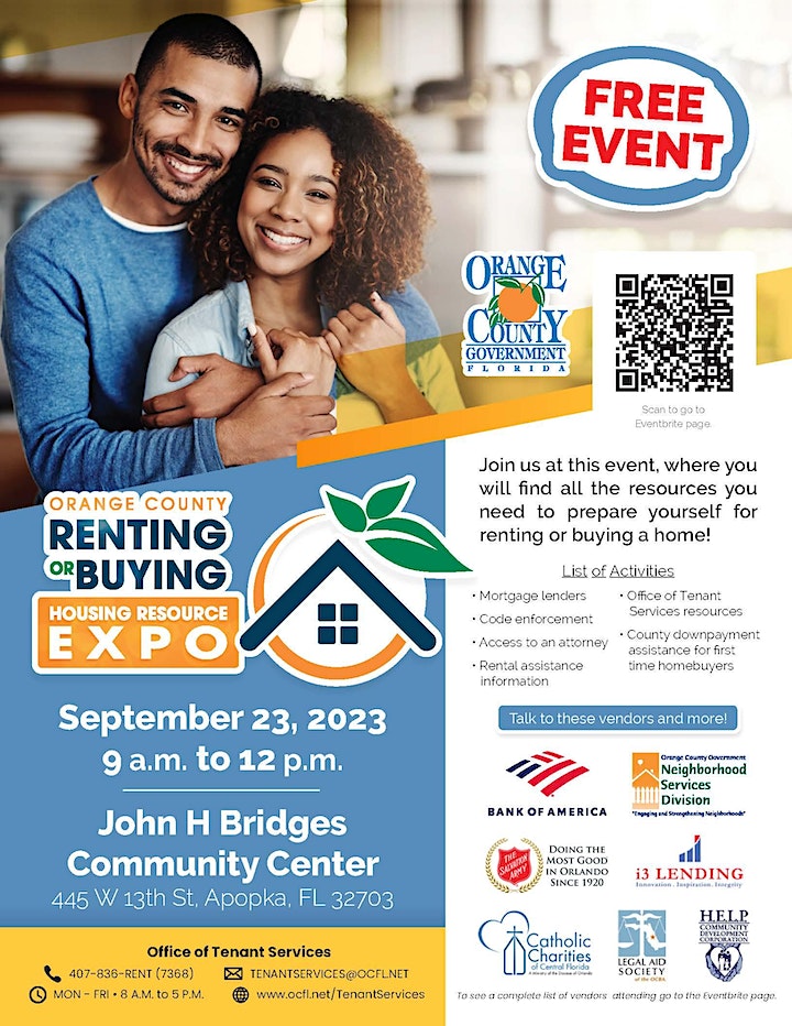 Renting or Buying Housing Resource Expo flyer for Sept 23, 2023 from 9 am to 12 pm at 445 W !3th St, Apopka, FL 32703.