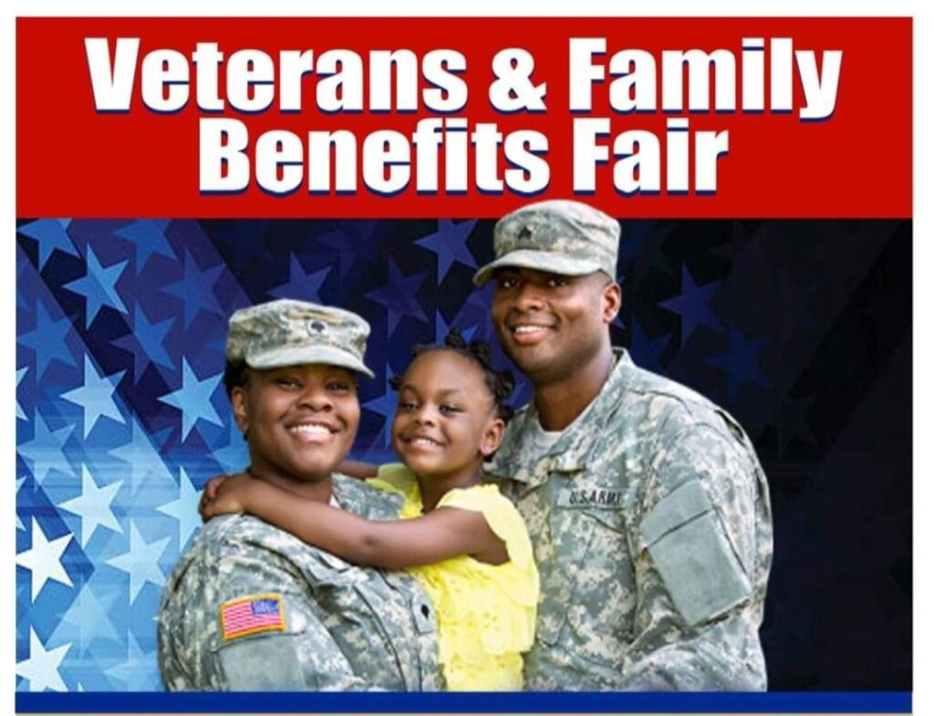 Military family and text that reads “Veterans & Family Benefits Fair”.