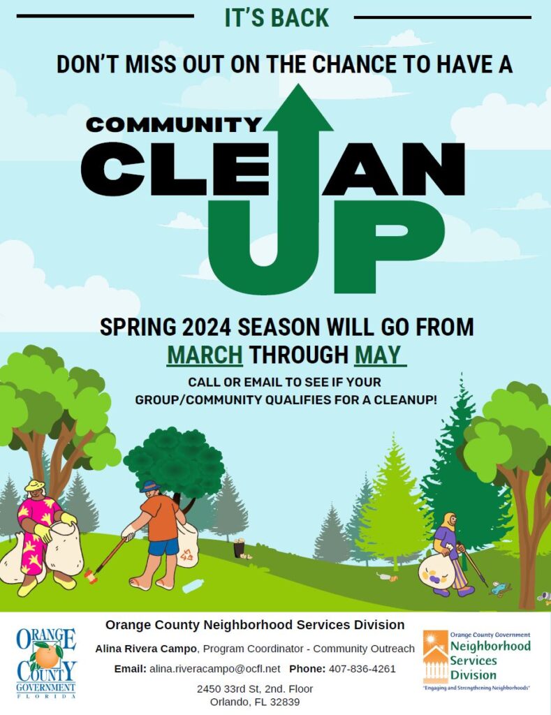Community Clean Up 2024 poster with greenery and people picking up trash around a park