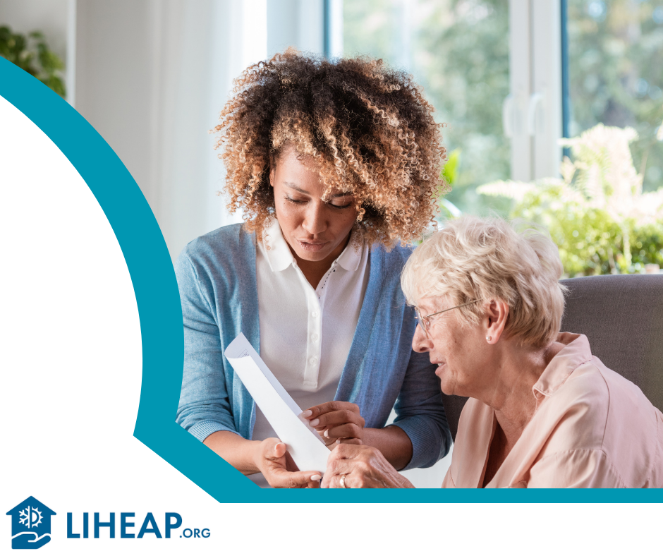 A person helping a senior citizen person with paperwork and liheap.org logo.