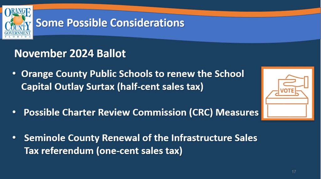 Slide from staff presentation on the transportation sales tax. Slide includes Some Possible Considerations: November 2024 Ballot- Orange County Public Schools to renew the School Capital Outlay Surtax (half-cent sales tax), Possible Charter Review Commission (CRC) measures, and Seminole County renewal of the Infrastructure Sales tax referendum (one-cent sales tax)