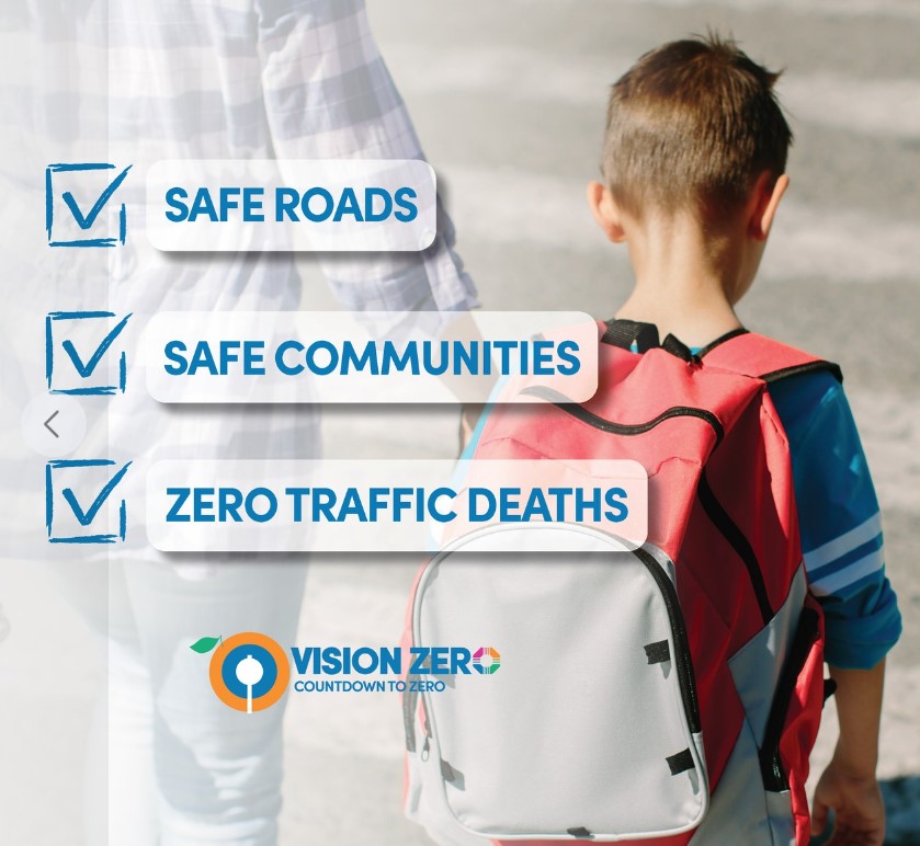 Vision Zero Countdown to Zero graphic with child walking with a bookbag. Safe Roads, Safe Communities, and Zero Traffic Deaths.