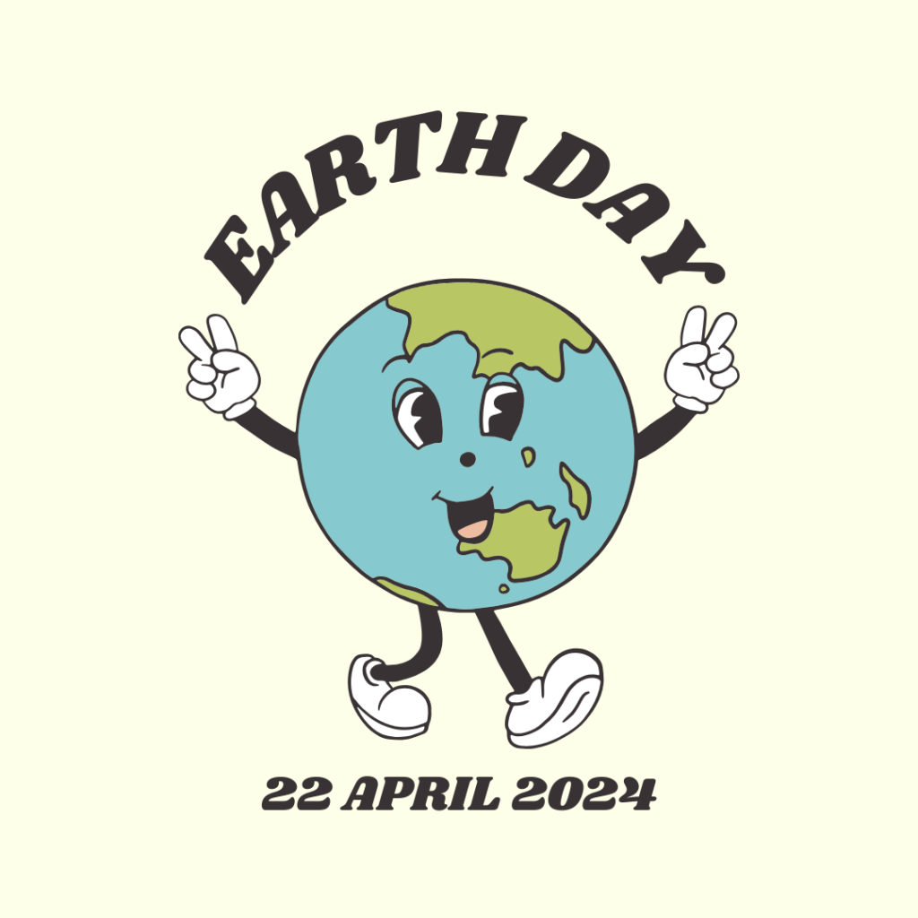 Earth running clipart with text "Earth Day 22 April 2024"
