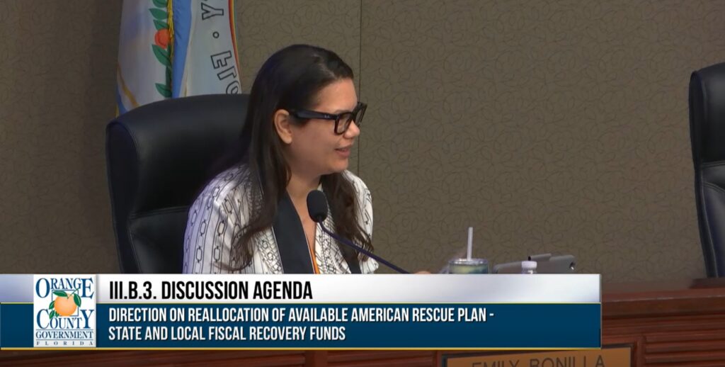 Commissioner Emily Bonilla speaking during the discussion item "Direction on Reallocation of Available American Rescue Plan-State and Local Fiscal Recovery Funds".