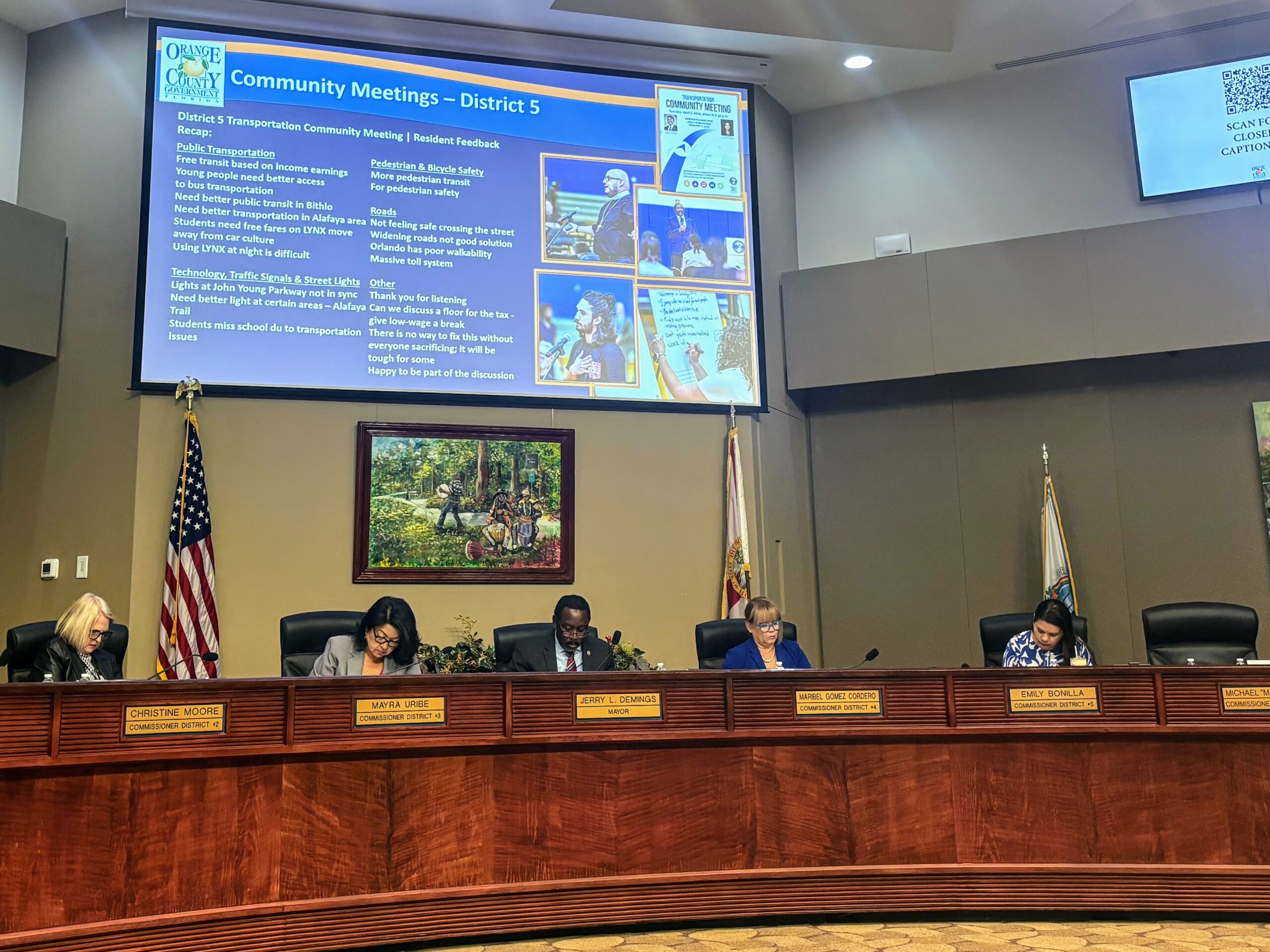 Board of County Commissioners listen to the community meeting in District 5 update from the Transportation Sales Tax Initiative on April 9. 