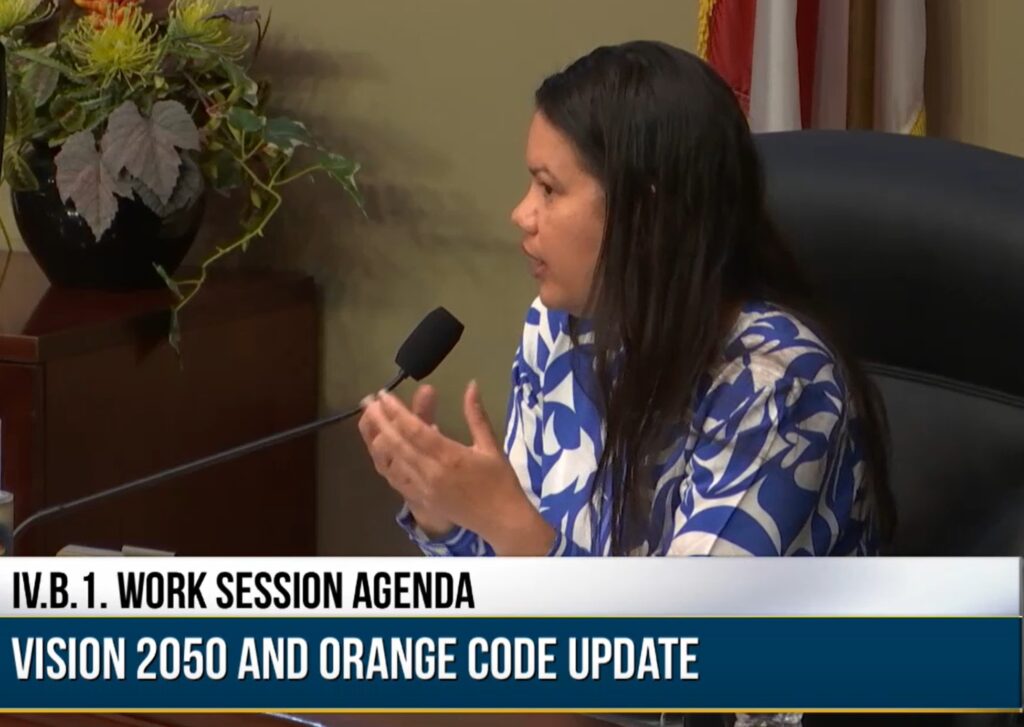 Commissioner Emily Bonilla during the Vision 2050 and Orange Code Update.