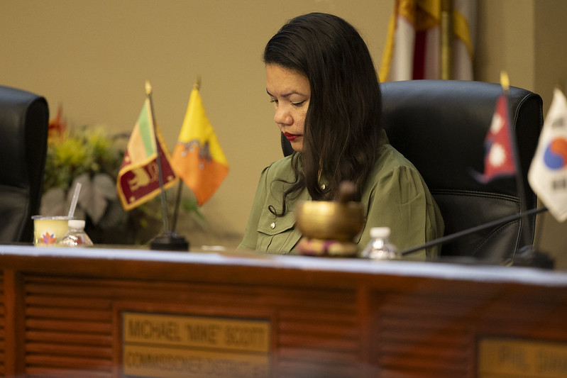 Commissioner Emily Bonilla checks her notes during the 5/7/24 BCC meeting.