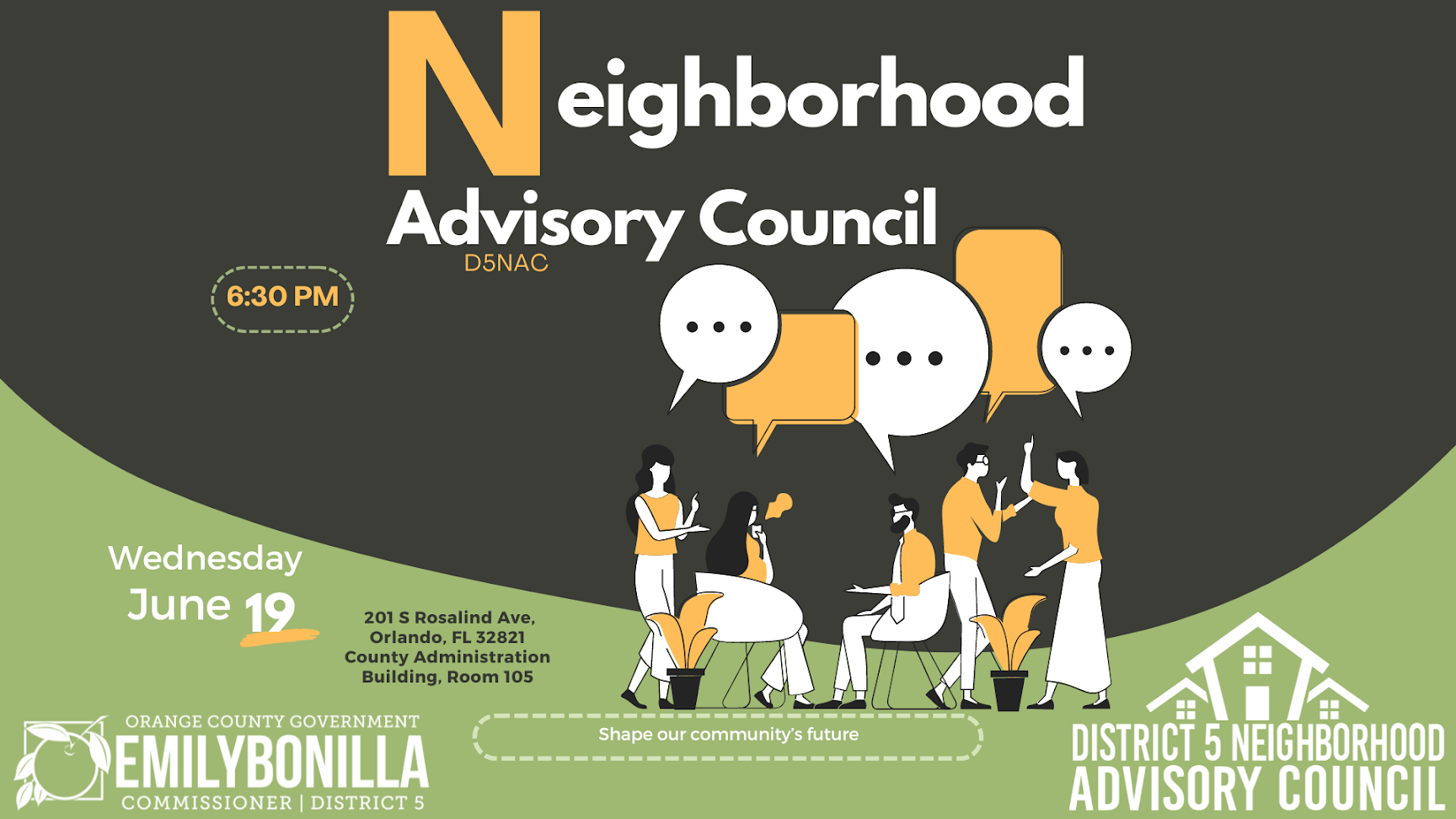 This is an image of the flyer for the District 5 Neighborhood Advisory Council. It shows a cartoon image of people speaking with each other