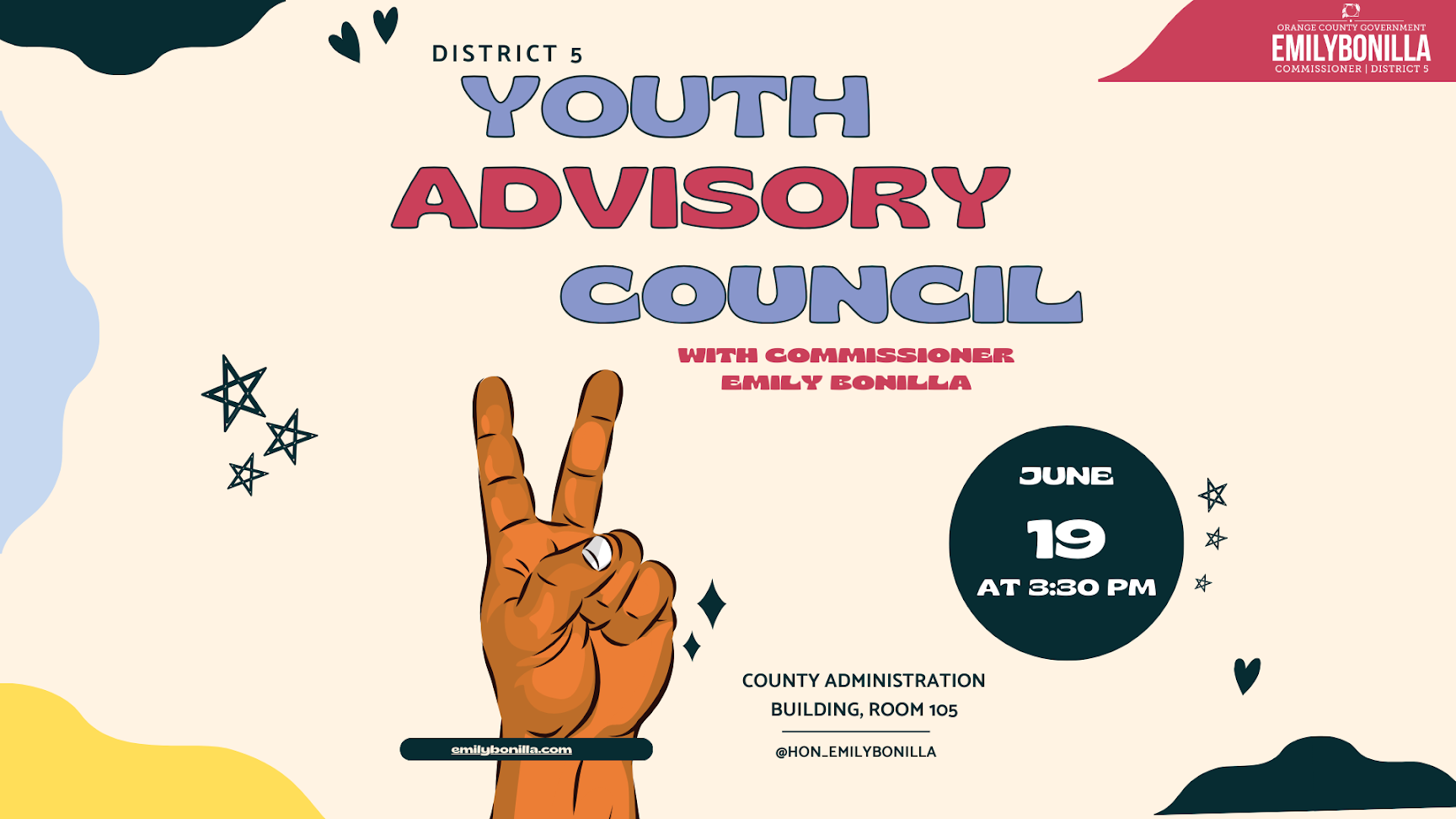 This is an image of the flyer for the District 5 Youth Advisory Council. It features a hand giving the "peace" sign