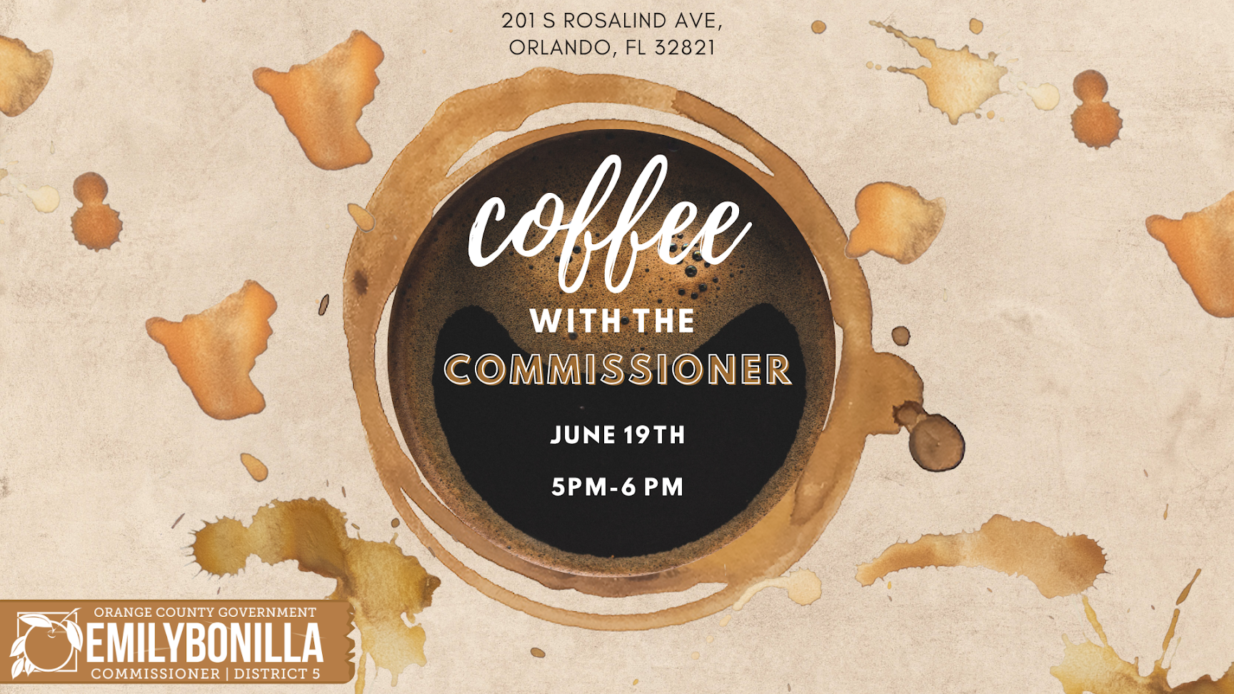 This is an image for Coffee With the Commissioner. The image is a top down view of a cup of coffee