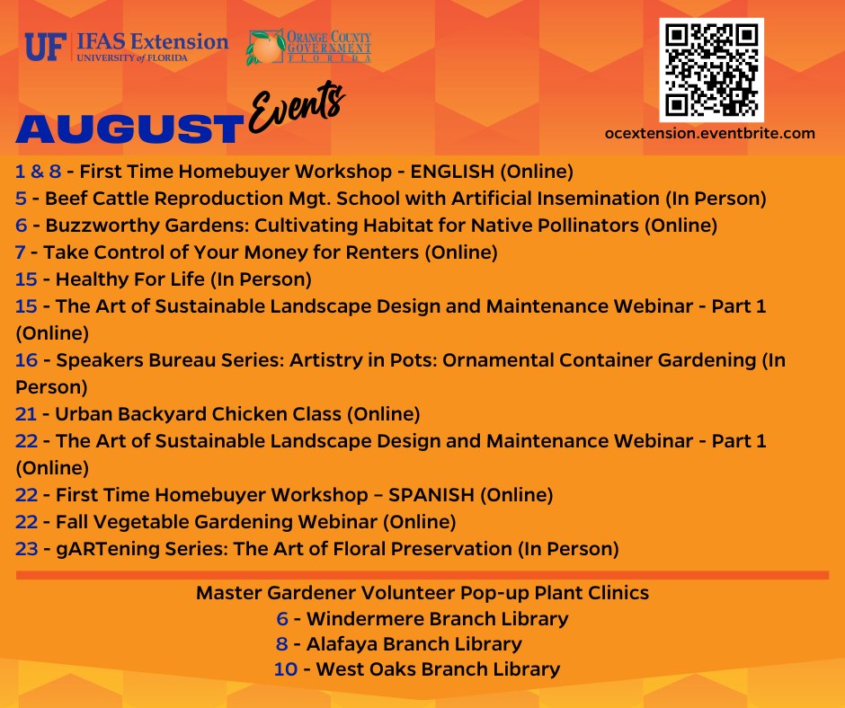 image of flyer listing events for August for Orange County Extension