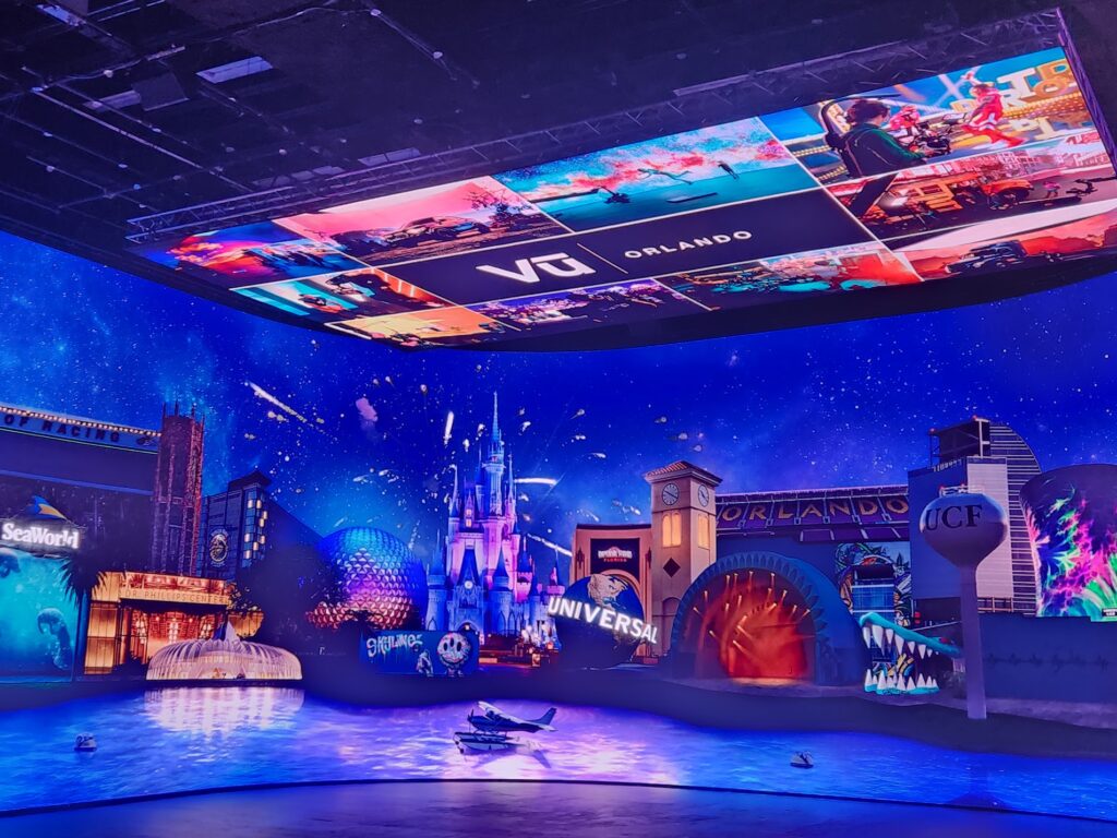 photographs of the large virtual production screens at Orlando Vu.